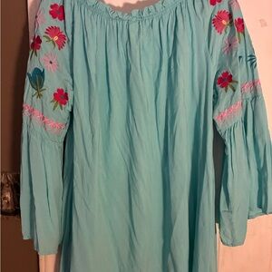 Embroidered Off-Shoulder Blouse - Turquoise Floral